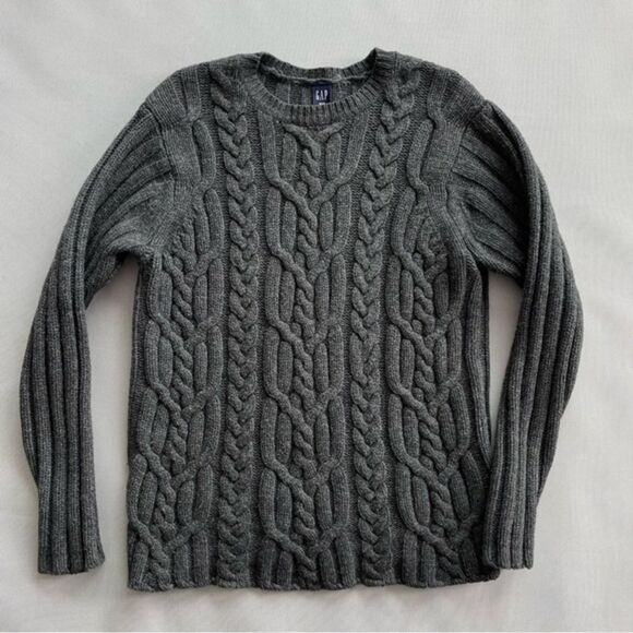 Vintage 2002 Gap Sweater Lambswool Cable Knit Fisherman Gray Sweater Size Medium - Picture 1 of 8